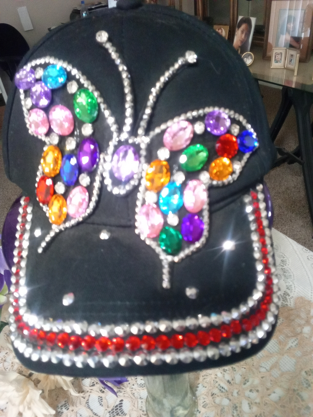 Black Rhinestone Butterfly Baseball Cap with Multicolor Gems